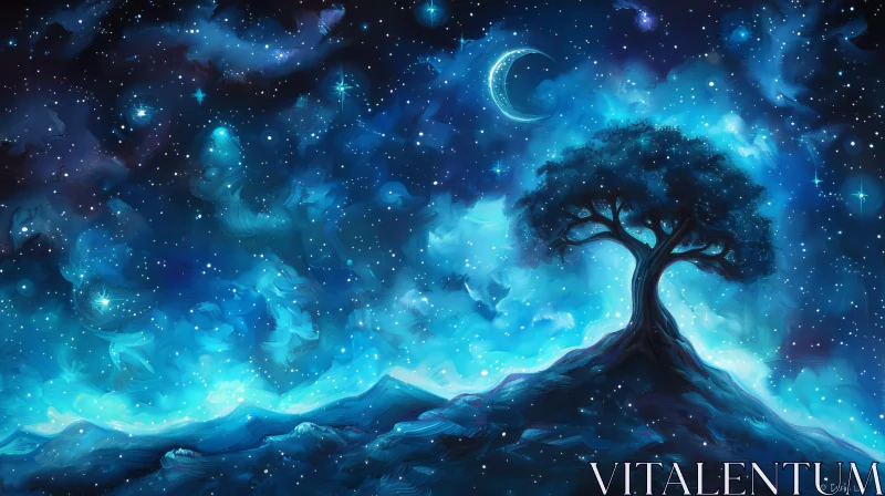 Enchanting Starry Night Sky with Moon and Tree AI Image