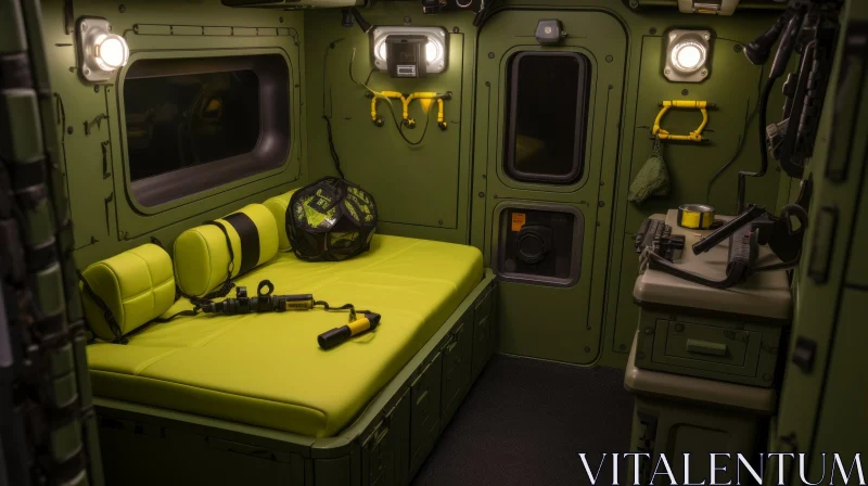 Military-Style Olive Drab Green Sleeping Compartment Interior AI Image