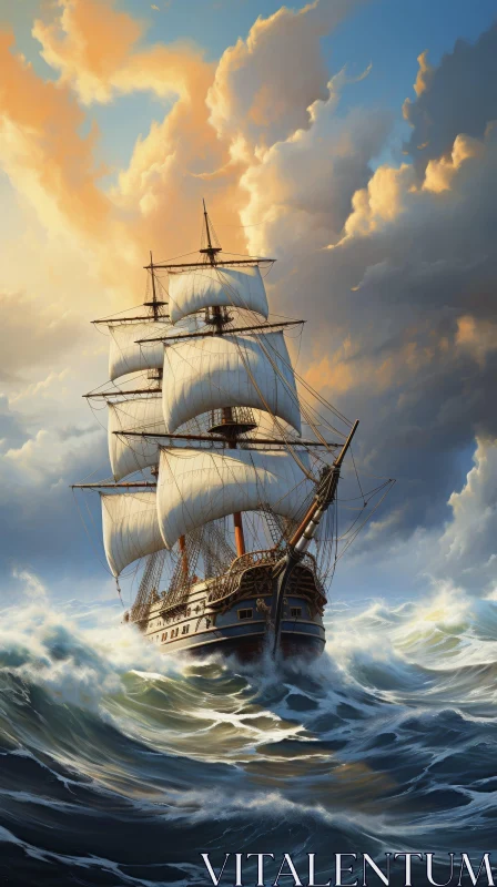 Powerful Painting of a Sailing Ship in a Stormy Sea AI Image