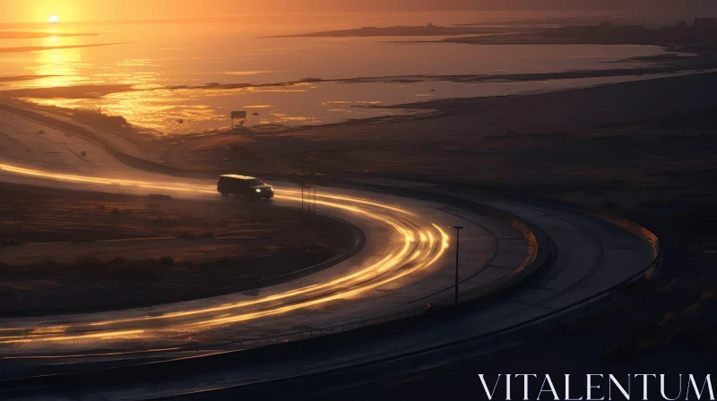 Serene Sunset Drive: Digital Car Painting AI Image