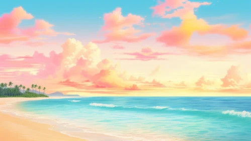 Tranquil Beach Scene with Colorful Sky and Ocean Waves