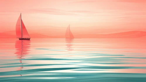 Tranquil Sunset Seascape with Sailboats