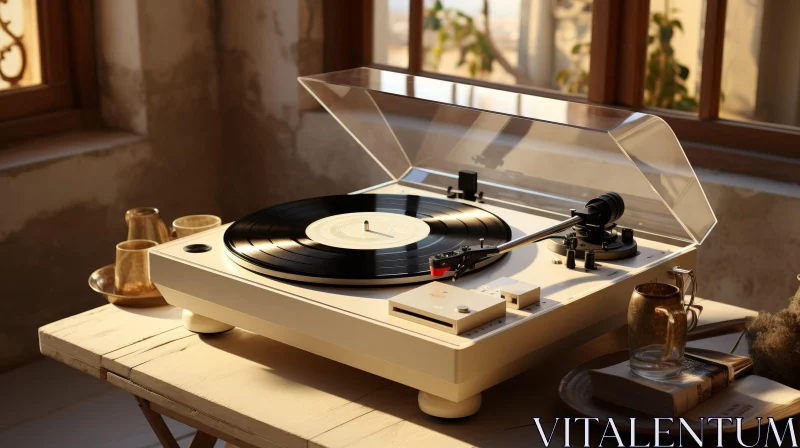 AI ART Vintage Record Player on Wooden Table