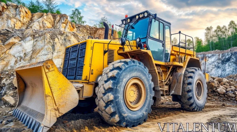 Yellow Bulldozer in Quarry - Construction Machinery Moving Rocks AI Image