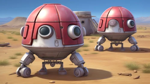 Adorable Robots in Desert Scene