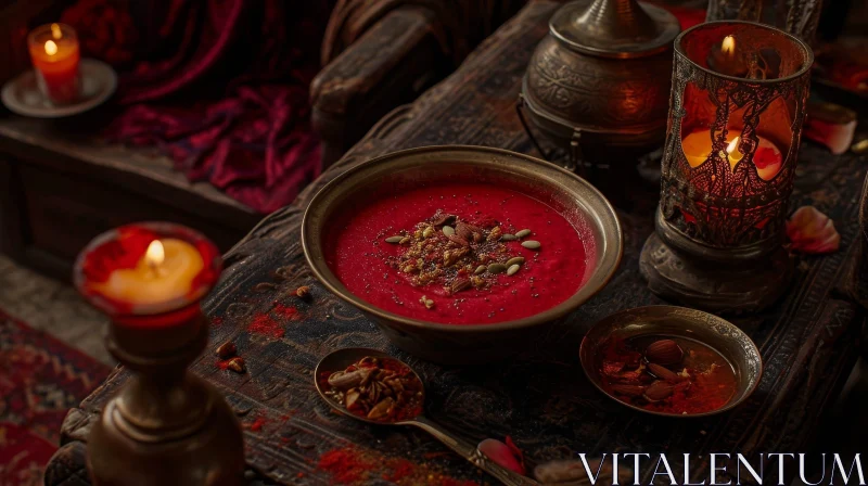 Delicious Beet Soup Still Life with Spices and Nuts AI Image