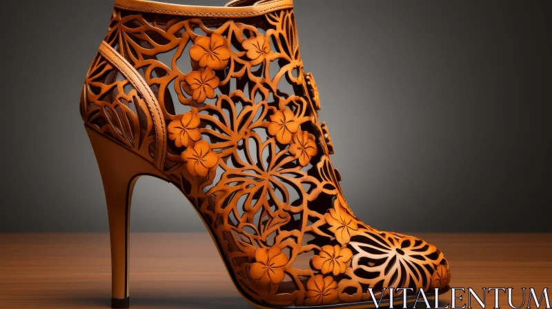 Elegant Brown Leather Stiletto Heel Boot with Floral and Butterfly Designs AI Image