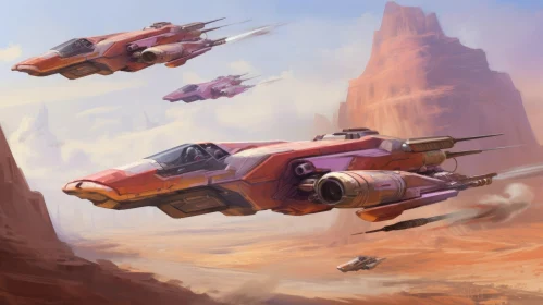 Futuristic Spaceships Flying Over Desert Planet