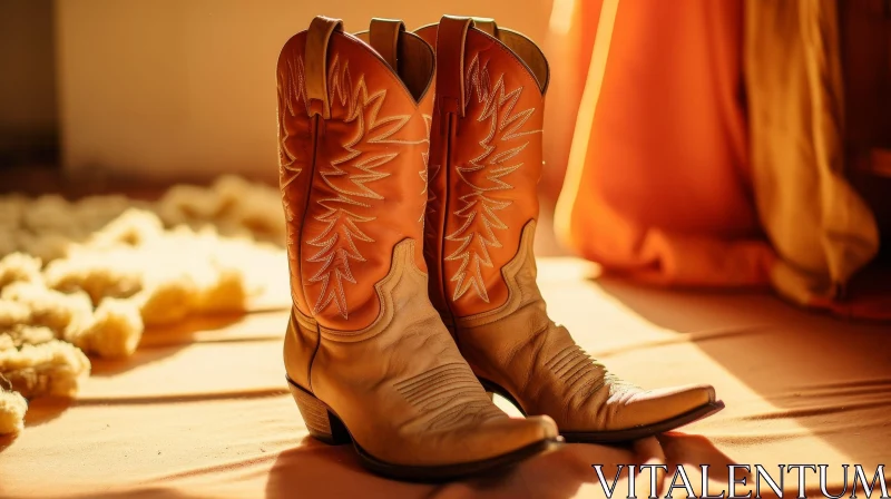 Light Brown Cowboy Boots on White Rug AI Image