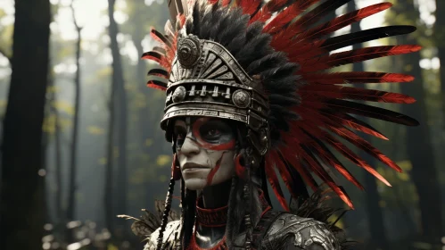 Native American Man in Forest with Traditional Headdress