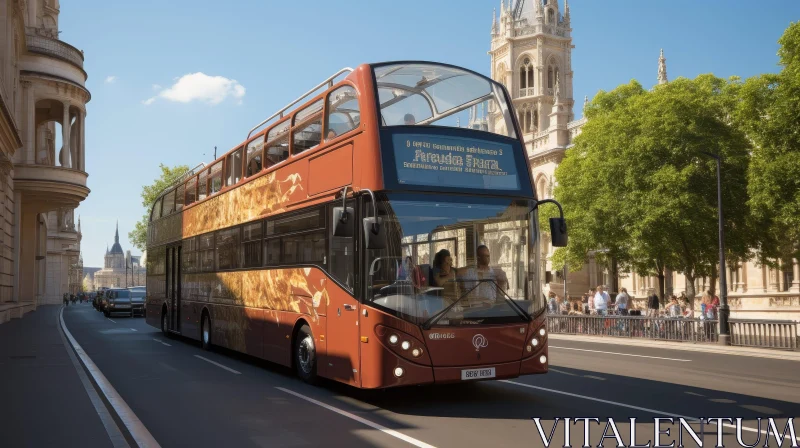 AI ART Red Double-Decker Bus with Phoenix Mural - City Street Scene