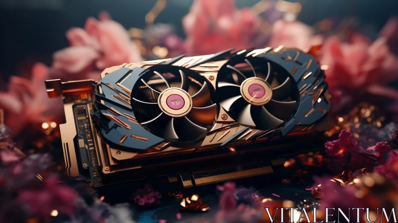 Sleek Graphics Card with Unique Cooling Fans on Floral Background AI Image