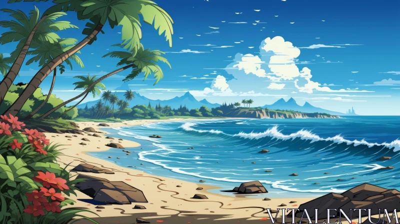 AI ART Tranquil Beach Scene with Palm Trees and Clear Blue Water