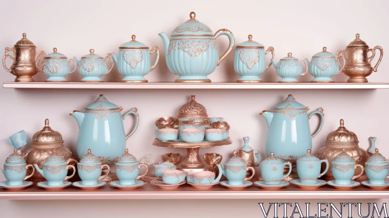 Unique Teapots and Cups Collection Displayed on Shelves AI Image