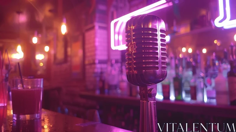 Vintage Silver Microphone on Stage in Bar Setting AI Image