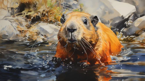Watercolor Painting of Pika in Mountain Stream