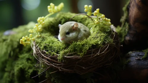 Brown Mouse in Nest Among Green Leaves and Flowers