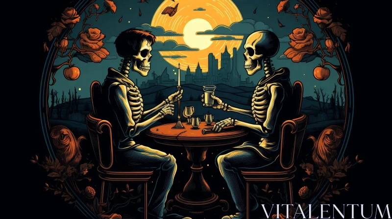 Elegant Skeletons Enjoying Wine and Cigarettes in Cityscape AI Image