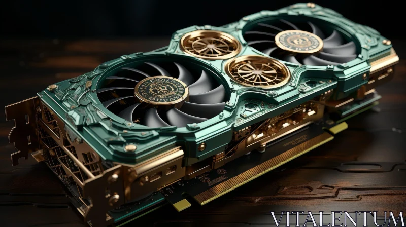 Golden Fans Computer Graphics Card on Wooden Surface AI Image