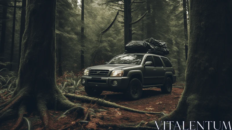 Gothic Forest Adventure: SUV Parked in Eerie Atmosphere AI Image