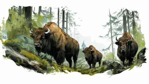 Majestic Bison in Forest - Digital Painting