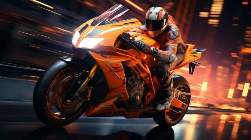 Man Riding Sport Motorcycle in City at Night