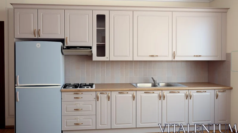 Modern Kitchen with White Cabinets and Blue Refrigerator AI Image