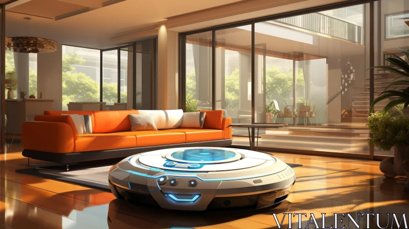 AI ART Modern Living Room with Robot Vacuum Cleaner
