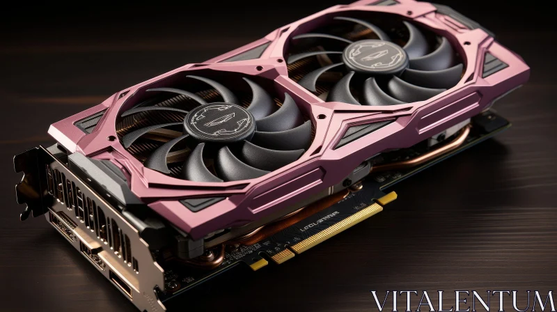 Pink and Black Graphics Card with Dual Fans on Wooden Surface AI Image