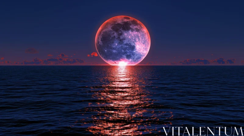 Red Moon Rising: Serene Ocean Landscape AI Image