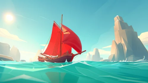 Red-Sailed Ship Cartoon Illustration on Rough Sea