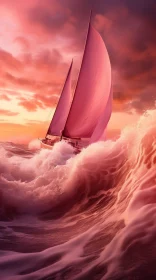 Sailboat Painting on Rough Seas at Sunset