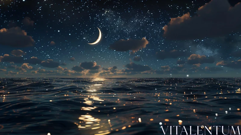 Serene Night Seascape with Moonlight Reflection AI Image