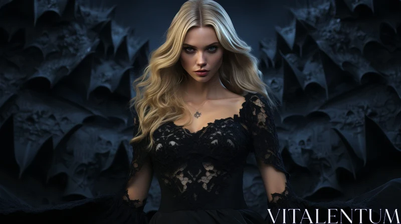Serious Young Woman in Black Lace Dress AI Image