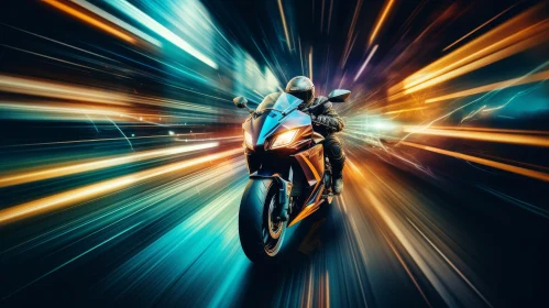 Speed Demon: Motorcyclist in Black and Yellow Suit Riding Blue and Orange Motorcycle