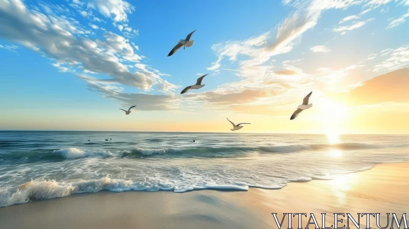 Tranquil Beach Sunset with Seagulls AI Image