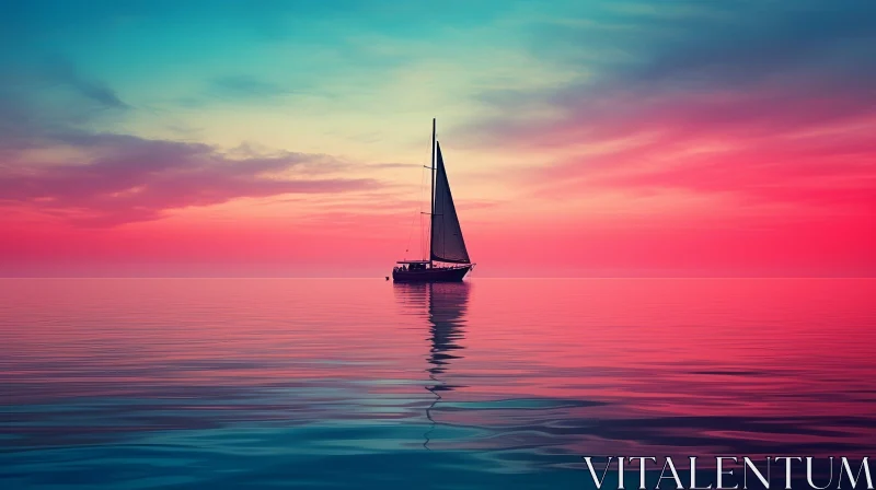 Tranquil Sunset Sailing Boat on Calm Sea AI Image