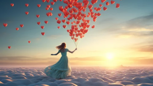 Woman with Heart Balloons in Dreamy Sunset Field