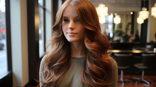 Young Woman with Wavy Hair in Gray Sweater at Salon