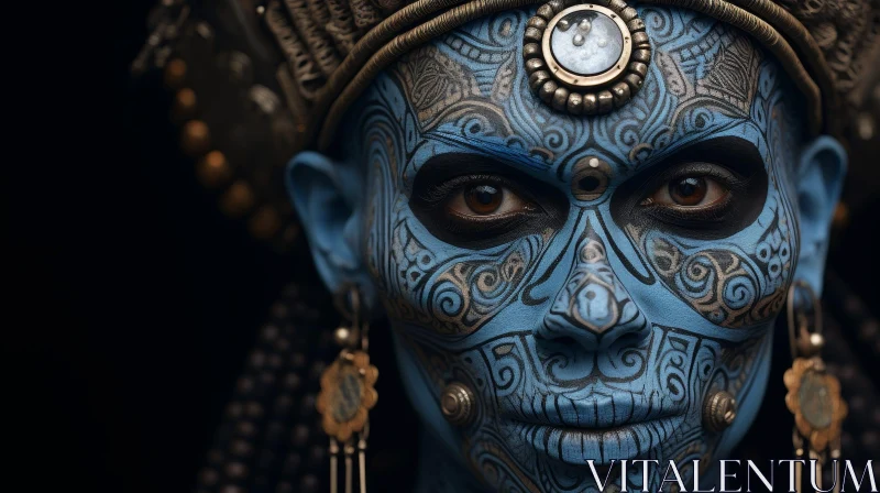 Blue-Skinned Human Face with Elaborate Face Paint AI Image