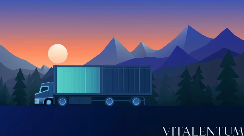 Blue Truck on Mountain Road at Sunset Illustration AI Image