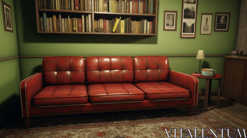 AI ART Cozy Living Room with Red Sofa and Bookshelf