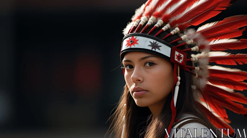 Native American Woman in Red and White Feather Headdress AI Image