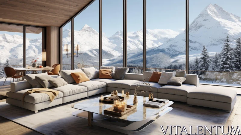 Serene Modern Living Room with Snowy Mountain View AI Image