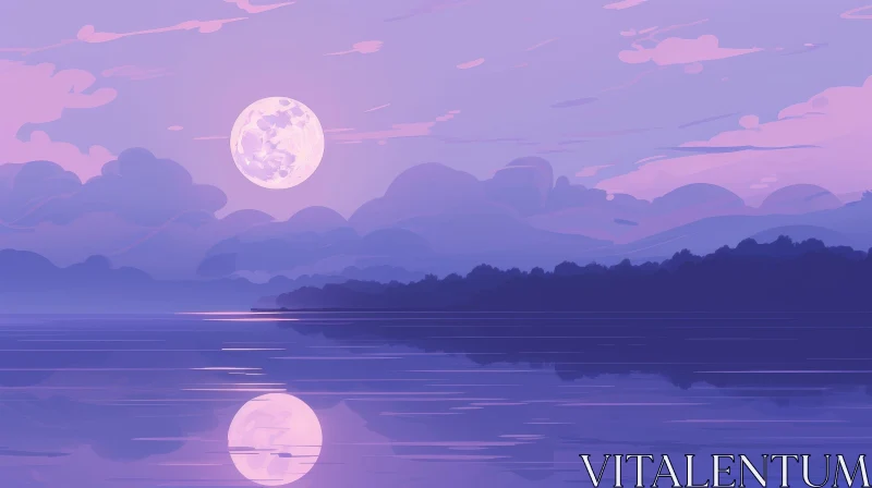 AI ART Tranquil Purple Night Landscape with Lake and Mountains