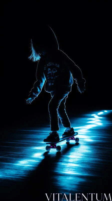Urban Skateboarding: Young Skater Ollie in Neon-lit Space AI Image