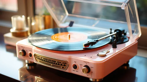 Vintage Retro Record Player on Wooden Table
