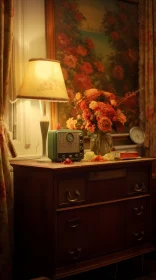 Vintage Still Life with Radio, Flowers, and Painting