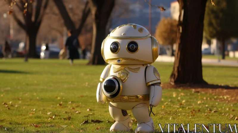 AI ART White and Gold Robot in Nature Field