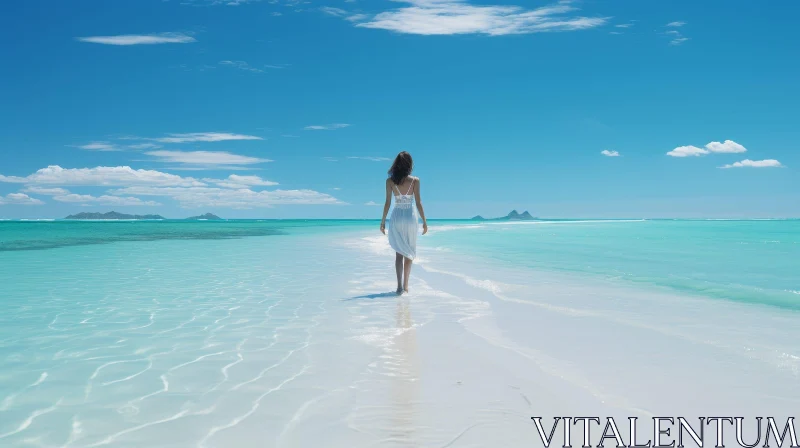 Woman in White Dress Walking on Ocean Sandbar AI Image